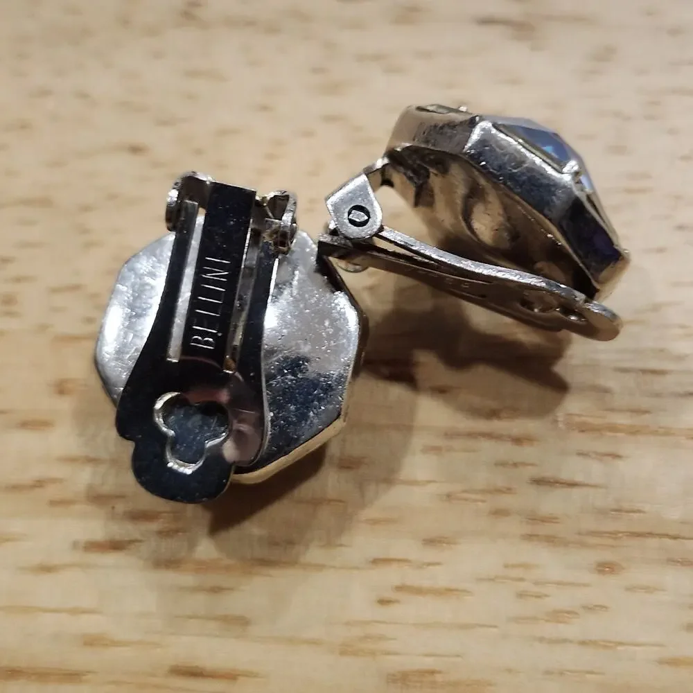 60s Vintage Signed Bellini Silver Tone Rhinestone Clip Earrings Blue Octagon